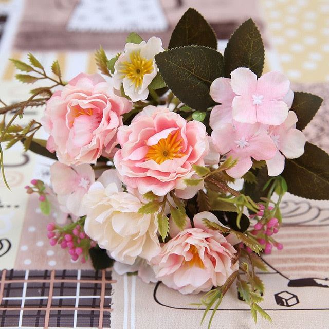 5 Forks（8 Heads）Artificial Flowers Small Peony Bouquet Wedding Decorative Flowers Wreaths Vases for Home Decoration Accessories
