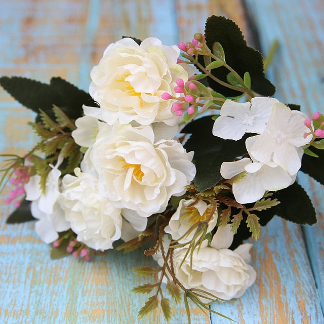 5 Forks（8 Heads）Artificial Flowers Small Peony Bouquet Wedding Decorative Flowers Wreaths Vases for Home Decoration Accessories