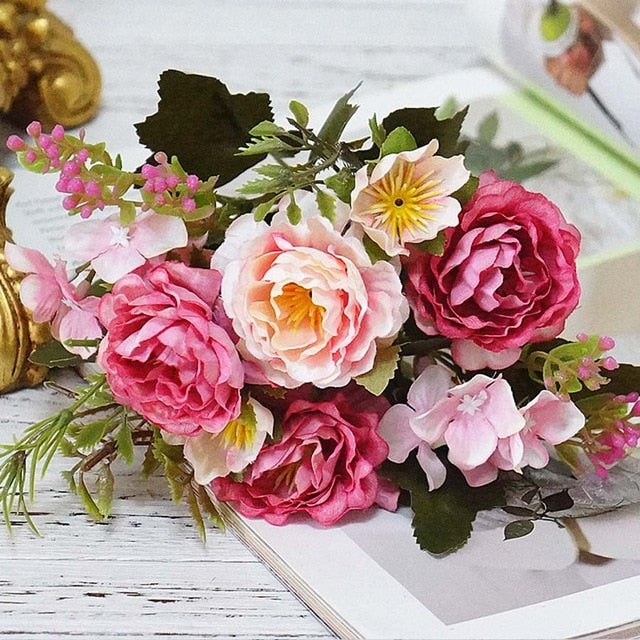 Artificial Flowers Rose Silk Flowers Bouquet Small Peony Fake Flowers Faux flores Wedding Home DIY Decoration Valentine's Day
