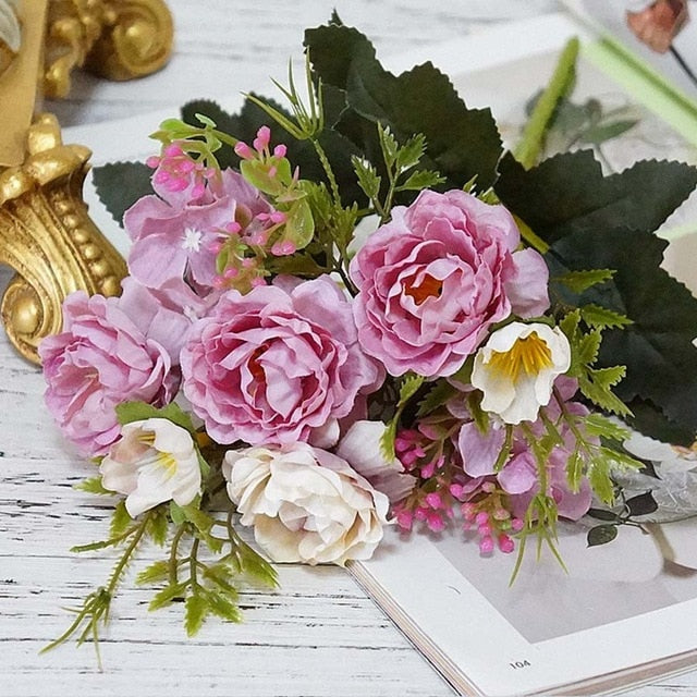 Artificial Flowers Rose Silk Flowers Bouquet Small Peony Fake Flowers Faux flores Wedding Home DIY Decoration Valentine's Day